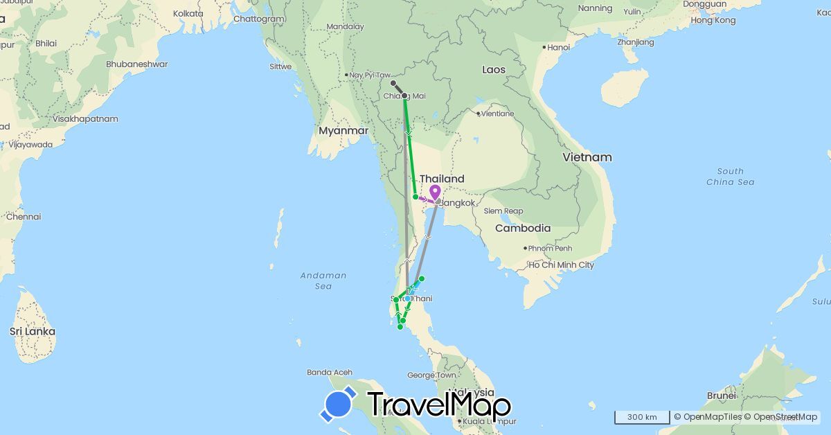 TravelMap itinerary: bus, plane, train, boat, motorbike in Thailand (Asia)